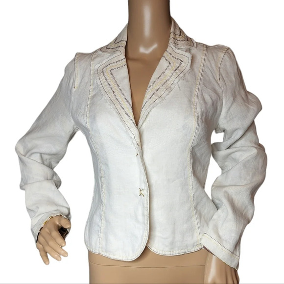 True Meaning 100% Linen Off White Blazer Jacket Pleated Back Size 2 - Picture 3 of 16